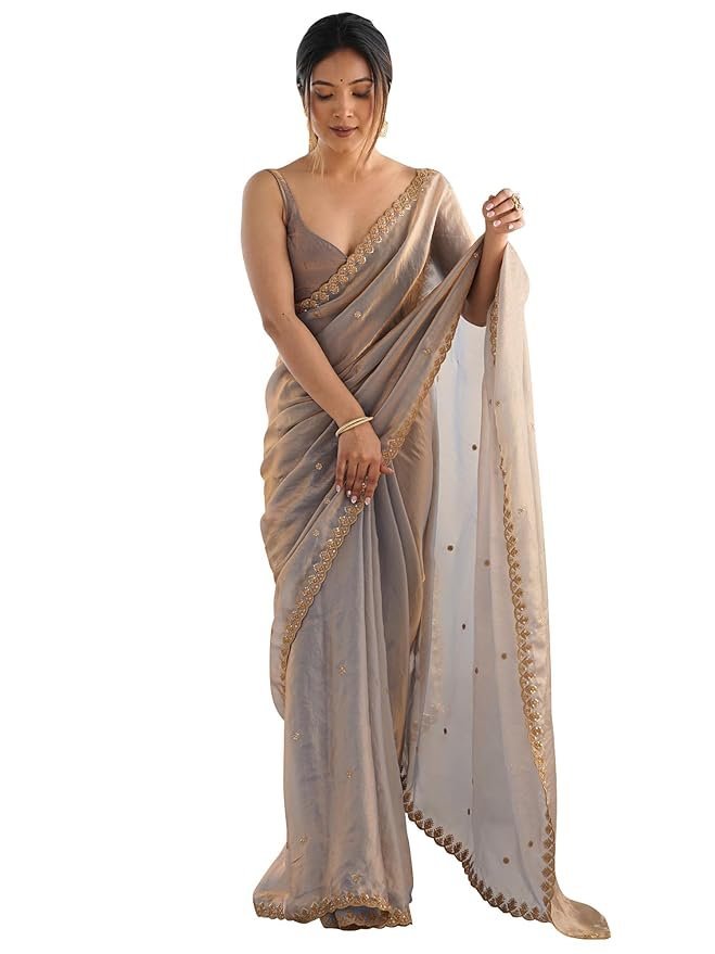 AKHILAM Women's Paper Silk Embroidered Saree With Unstitched Blouse Piece