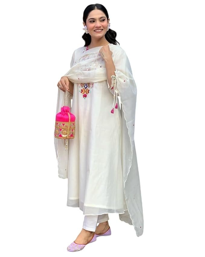 NEW DHARINI Women's Cotton Mirror Work Embroidered Straight Kurti with Pant and Dupatta Set