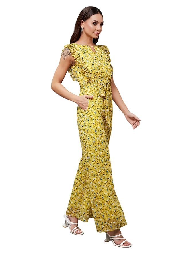 Miss Chase Women's Round Neck Sleeveless Floral Wide Leg Jumpsuit with Pockets