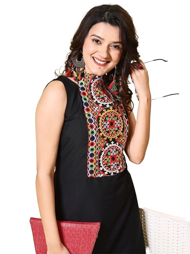 EthnicJunction Women's Cotton Blend Embroidered High Neck Navratri Speical Sleeveless Kurta